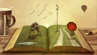 Illustration of a book with a scene coming up out of the pages - a girl with an umbrella and a dog