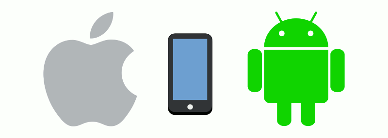 A mobile phone between Apple and Android logos
