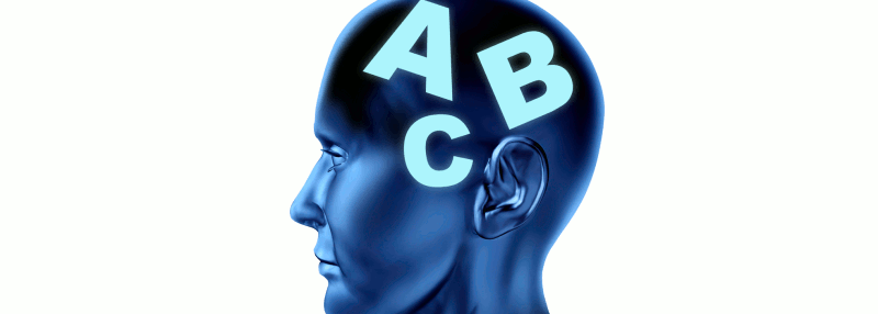 An illustration of a human head with the letters A B C superimposed on the brain
